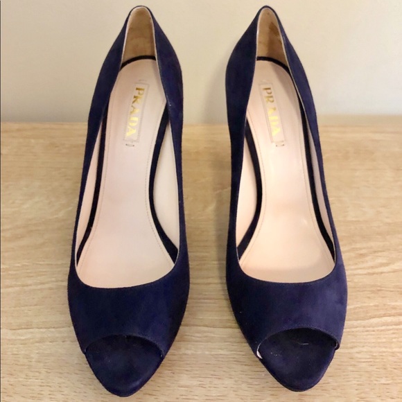 Navy suede Prada peep toe heels - Picture 2 of 6